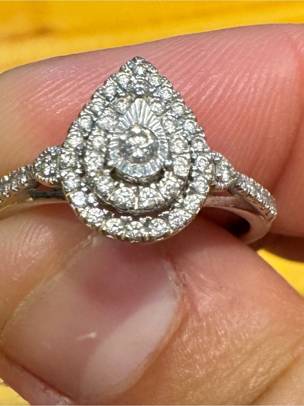 Silver Teardrop Halo Diamond Ring - White